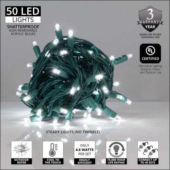 Cool White Outdoor LED String Lights, 50 ct, 4" Spacing, 5MM