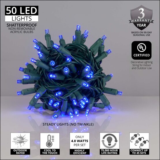 Blue Outdoor LED String Lights, 50 ct, 4" Spacing, 5MM