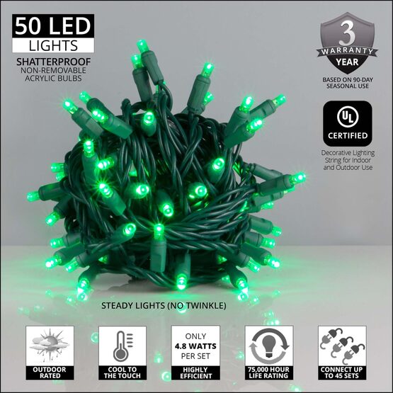 Green Outdoor LED String Lights, 50 ct, 4" Spacing, 5MM