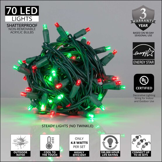 24' Wide Angle LED Mini Lights, Red, Green, Green Wire