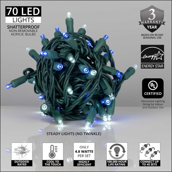 24' Wide Angle LED Mini Lights, Blue, Cool White, Green Wire