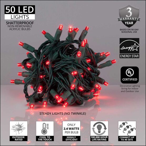 26' Wide Angle LED Mini Lights, Red, Green Wire