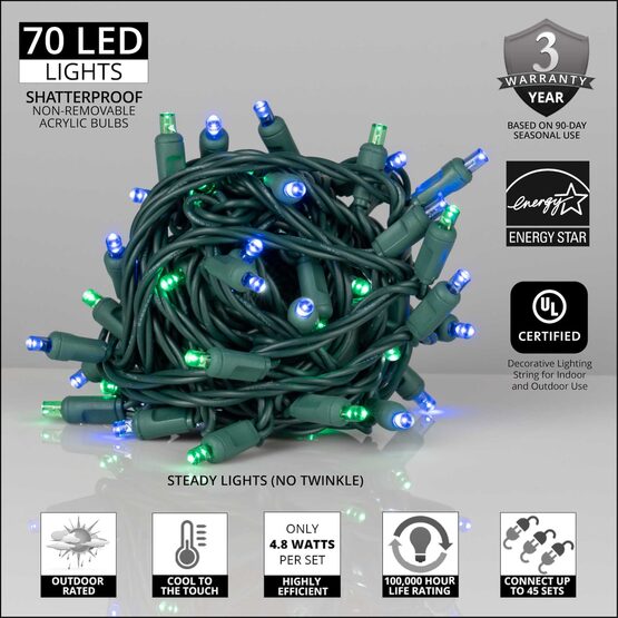 24' Wide Angle LED Mini Lights, Blue, Green, Green Wire