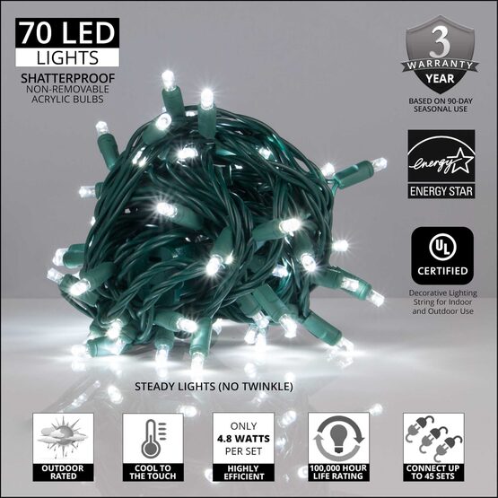 24' Wide Angle LED Mini Lights, Cool White, Green Wire