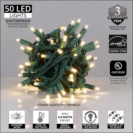 17' Wide Angle LED Mini Lights, Warm White, Green Wire