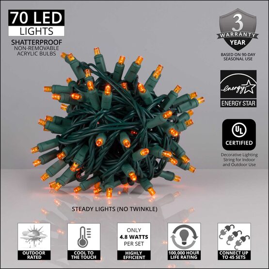 24' Wide Angle LED Mini Lights, Amber, Green Wire