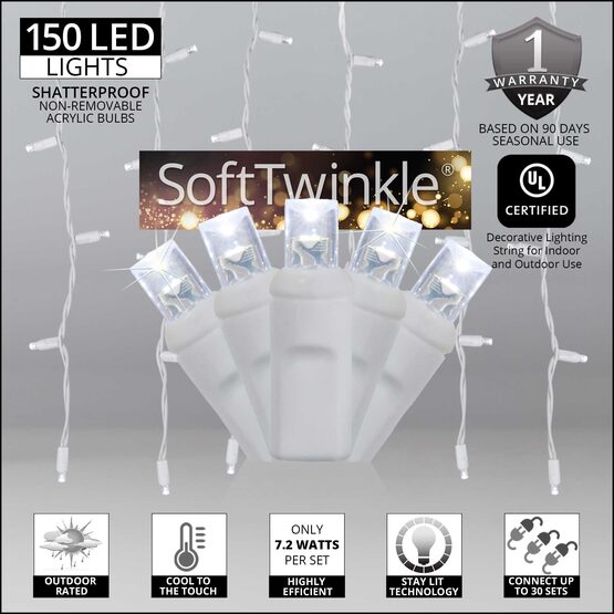 SoftTwinkle TM LED Curtain Lights, 66" Drops, Cool White 5mm Lights, White Wire