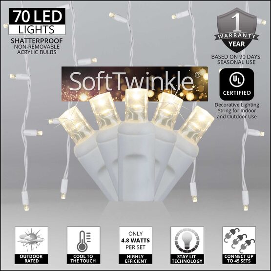 70 5mm SoftTwinkle LED Icicle Lights, Warm White, White Wire