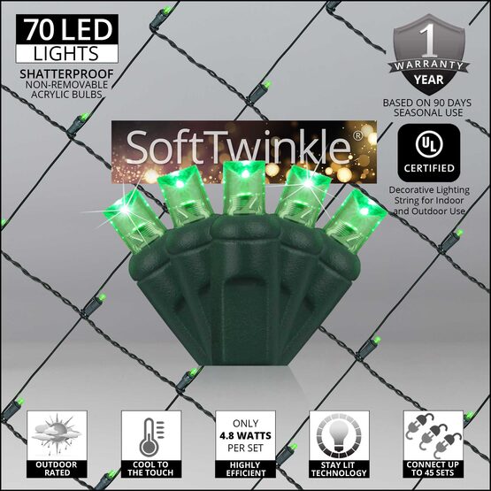 4' x 6' 5mm SoftTwinkle LED Net Lights, Green, Green Wire