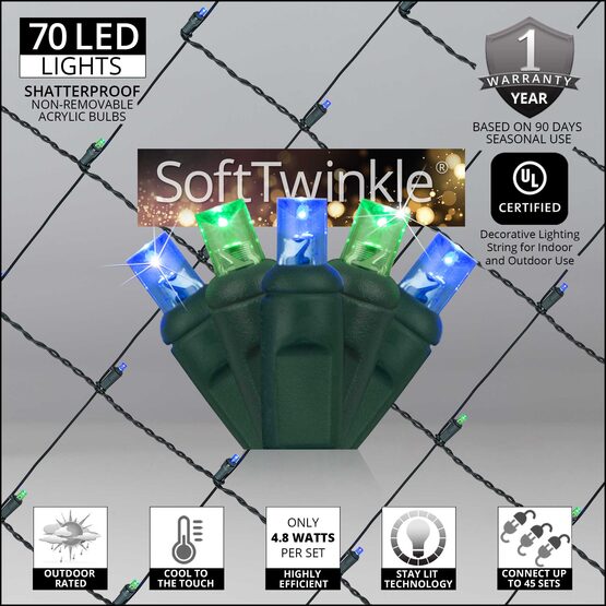 4' x 6' 5mm SoftTwinkle LED Net Lights, Blue, Green, Green Wire