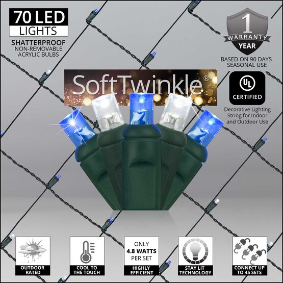 4' x 6' 5mm SoftTwinkle LED Net Lights, Blue, Cool White, Green Wire