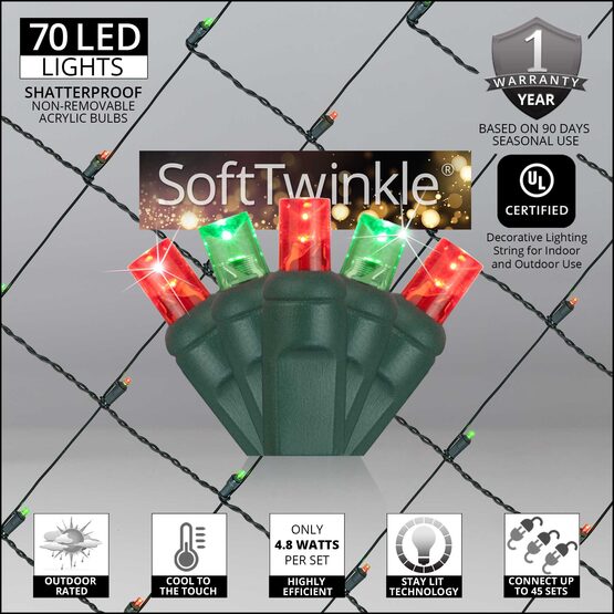 4' x 6' 5mm SoftTwinkle LED Net Lights, Red, Green, Green Wire