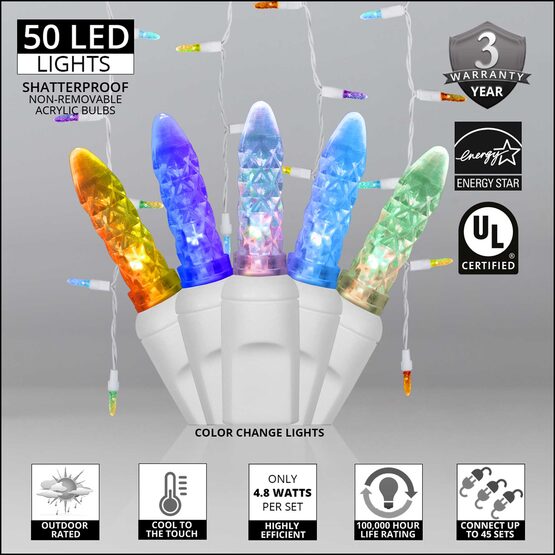 50 M5 LED Icicle Lights, Multicolor Color Change, White Wire