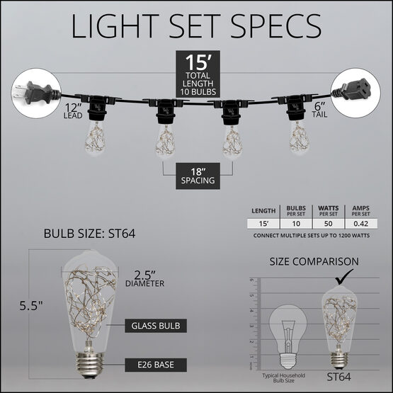 15' Commercial Patio String Light Set, 10 Warm White ST64 LEDimagine TM Fairy Light Bulbs, Black Wire