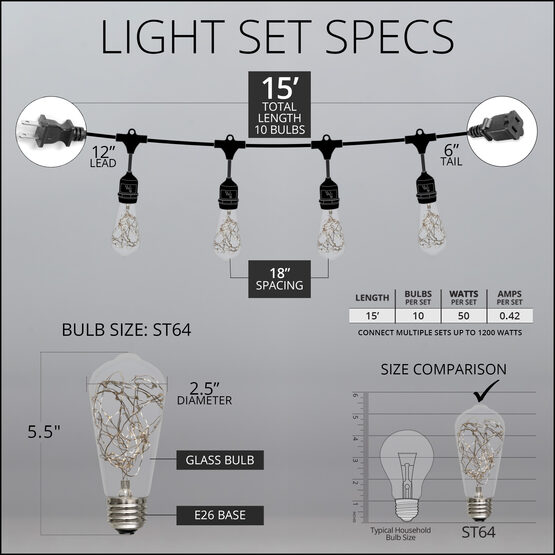 15' Commercial Patio String Light Set, 10 Warm White ST64 LEDimagine TM Fairy Light Bulbs, Suspended, Black Wire