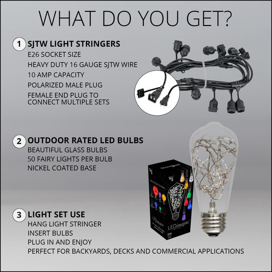 15' Commercial Patio String Light Set, 10 RGB Color Change ST64 LEDimagine TM Fairy Light Bulbs, Suspended, Black Wire