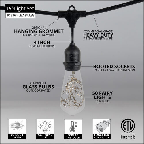 15' Commercial Patio String Light Set, 10 RGB Color Change ST64 LEDimagine TM Fairy Light Bulbs, Suspended, Black Wire