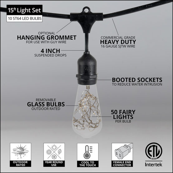 15' Commercial Patio String Light Set, 10 Warm White ST64 LEDimagine TM Fairy Light Bulbs, Suspended, Black Wire