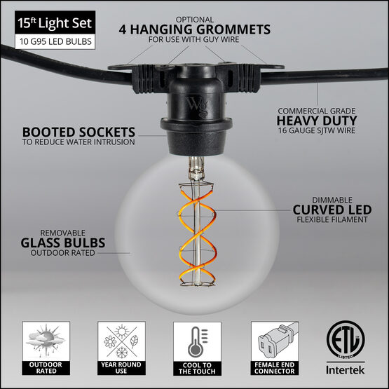 15' Commercial Patio String Light Set, 10 Warm White G95 FlexFilament TM LED Glass Bulbs, Black Wire