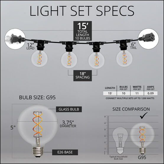 15' Commercial Patio String Light Set, 10 Warm White G95 FlexFilament TM LED Glass Bulbs, Black Wire