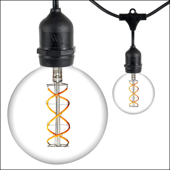 15' Commercial Patio String Light Set, 10 Warm White G95 FlexFilament TM LED Glass Bulbs, Suspended, Black Wire