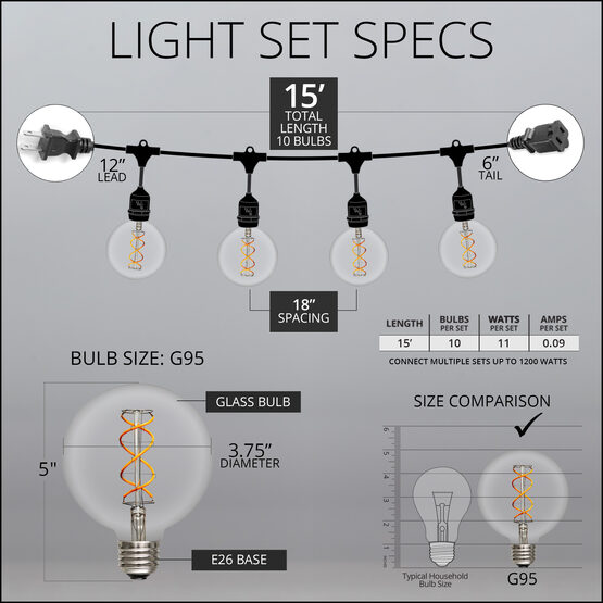 15' Commercial Patio String Light Set, 10 Warm White G95 FlexFilament TM LED Glass Bulbs, Suspended, Black Wire