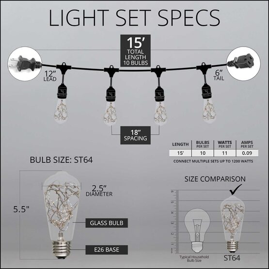 15' Commercial Patio String Light Set, 10 RGB Color Change ST64 LEDimagine TM Fairy Light Bulbs, Suspended, Black Wire