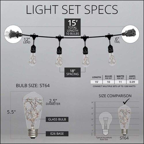 15' Commercial Patio String Light Set, 10 RGB Color Change ST64 LEDimagine TM Fairy Light Bulbs, Suspended, Black Wire