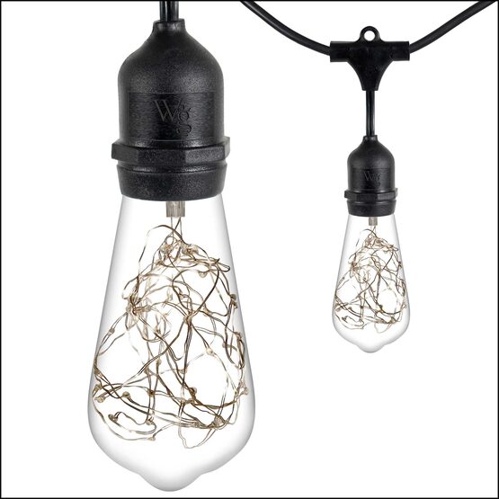 15' Commercial Patio String Light Set, 10 RGB Color Change ST64 LEDimagine TM Fairy Light Bulbs, Suspended, Black Wire