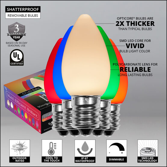 C7 Smooth OptiCore LED Light Bulbs, Multicolor, E12 Base