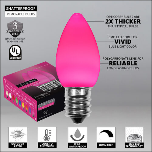 C7 Smooth OptiCore LED Light Bulbs, Pink, E12 Base