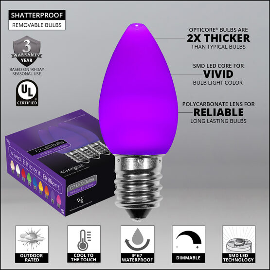 C7 Smooth OptiCore LED Light Bulbs, Purple, E12 Base