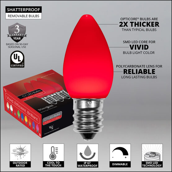 C7 Smooth OptiCore LED Light Bulbs, Red, E12 Base