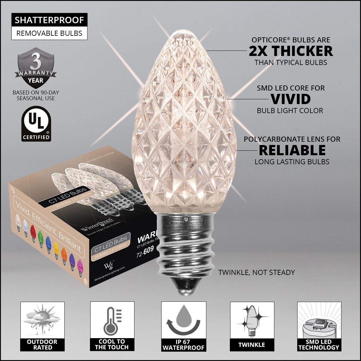 thumbnail image 2 of 10-Pack E12 Candelabra C7 LED Bulbs, 3W Warm White, DC12V-24V For Landscape Lighting 2 of 4