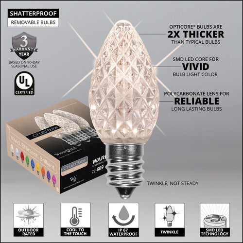C7 OptiCore LED Light Bulbs, Warm White Twinkle, E12 Base