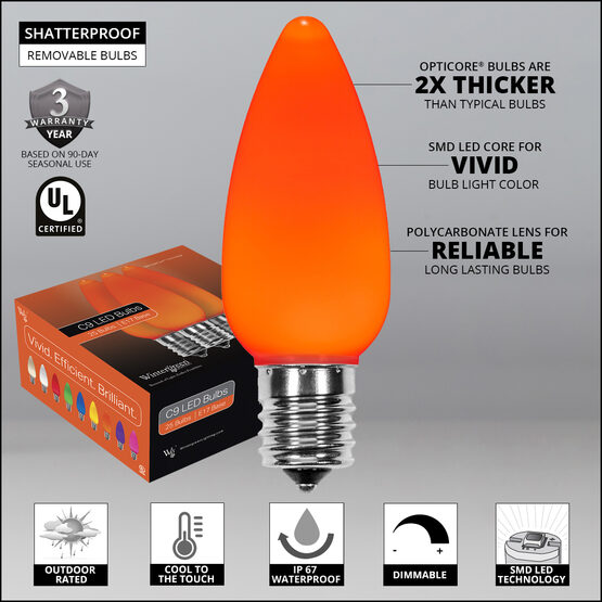 C9 Smooth OptiCore LED Light Bulbs, Amber / Orange, E17 Base
