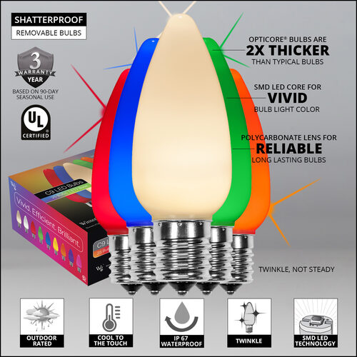Smooth OptiCore C9 Commercial LED String Lights, Multicolor Twinkle, 25 Lights, 25'