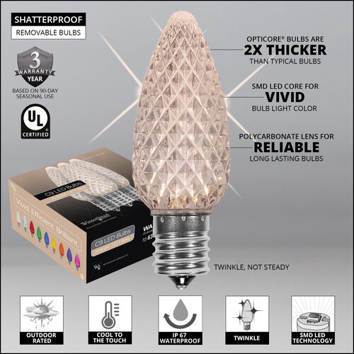 OptiCore C9 Commercial LED String Lights, Warm White Twinkle, 25 Lights, 25'
