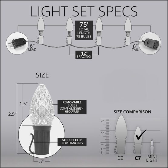 75' Patio String Light Set, 75 Red, White and Blue C7 OptiCore LED Bulbs