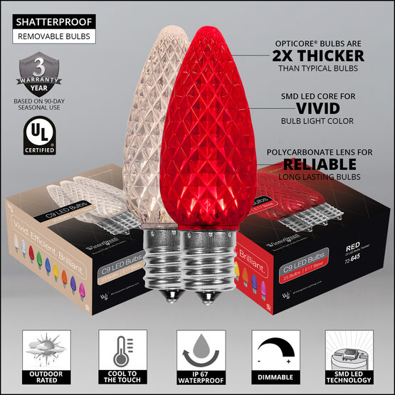 OptiCore C9 Commercial LED String Lights, Red / Warm White, 50 Lights, 50'
