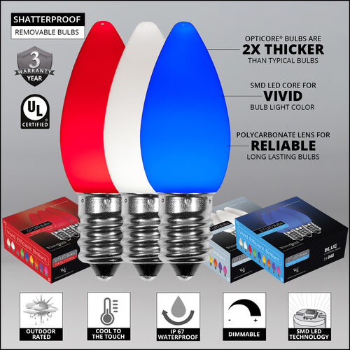 75' Patio String Light Set, 75 Red, White and Blue C7 OptiCore LED Bulbs