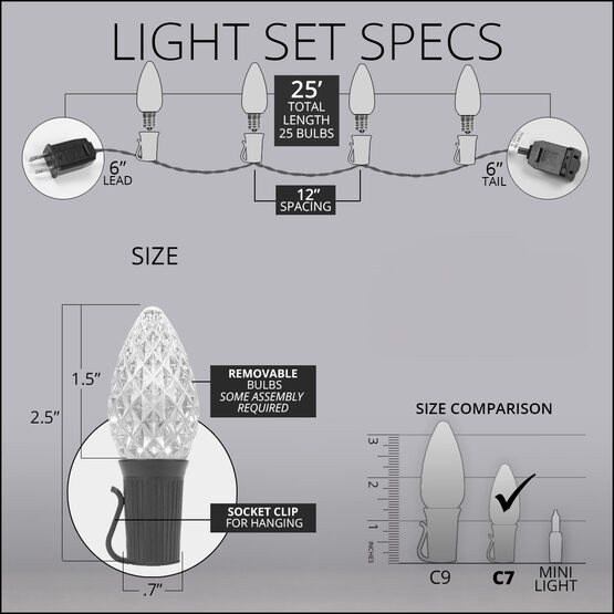 OptiCore C7 Commercial LED String Lights, Amber, 25 Lights, 25'