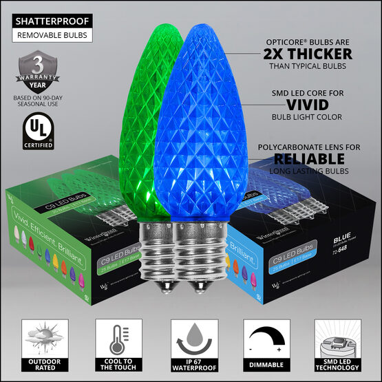 OptiCore C9 Commercial LED String Lights, Blue / Green, 50 Lights, 50'