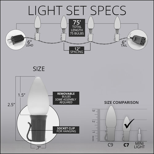 75' Patio String Light Set, 75 Red, White and Blue C7 OptiCore LED Bulbs