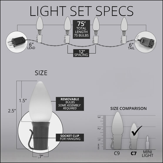 75' Patio String Light Set, 75 Red, White and Blue C7 OptiCore LED Bulbs