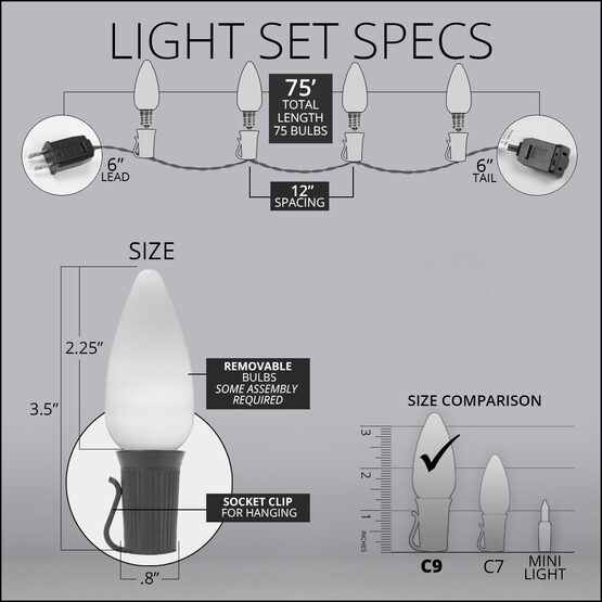 75' Patio String Light Set, 75 Red, White and Blue C9 OptiCore LED Bulbs