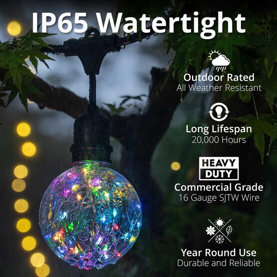 15' Commercial Patio String Light Set, 10 RGB Color Change G95 LEDimagine TM Fairy Light Bulbs, Suspended, Black Wire