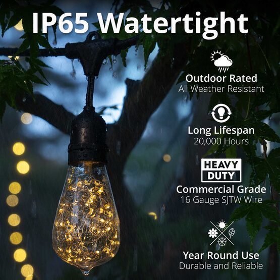 15' Commercial Patio String Light Set, 10 Warm White ST64 LEDimagine TM Fairy Light Bulbs, Suspended, Black Wire