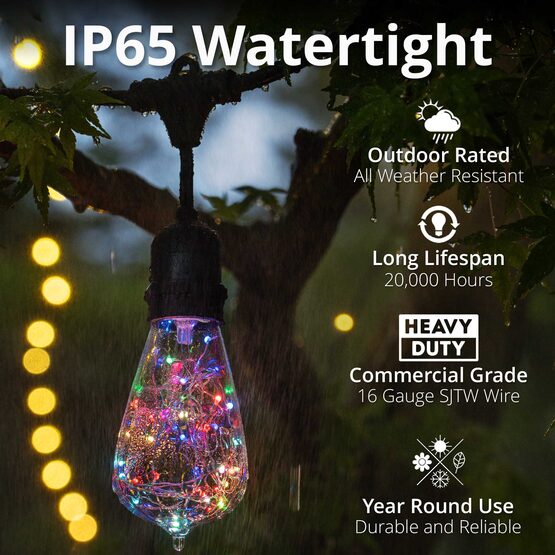 15' Commercial Patio String Light Set, 10 RGB Color Change ST64 LEDimagine TM Fairy Light Bulbs, Suspended, Black Wire