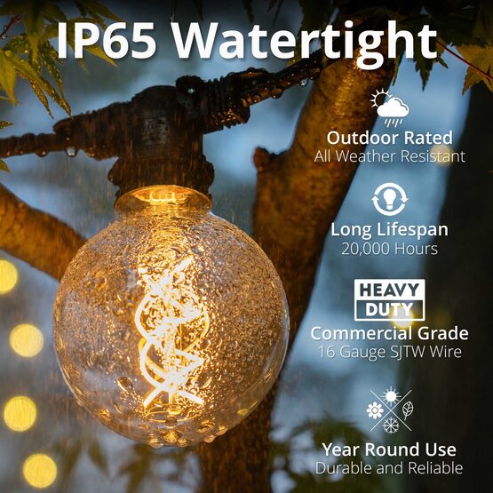15' Commercial Patio String Light Set, 10 Warm White G95 FlexFilament TM LED Glass Bulbs, Black Wire